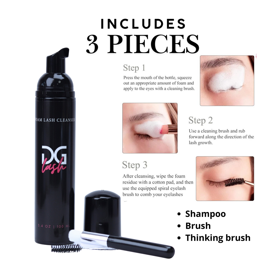 DG Lash Shampoo Limpiador de Pestañas y Extensiones Oil-Free con Brocha – 50ml