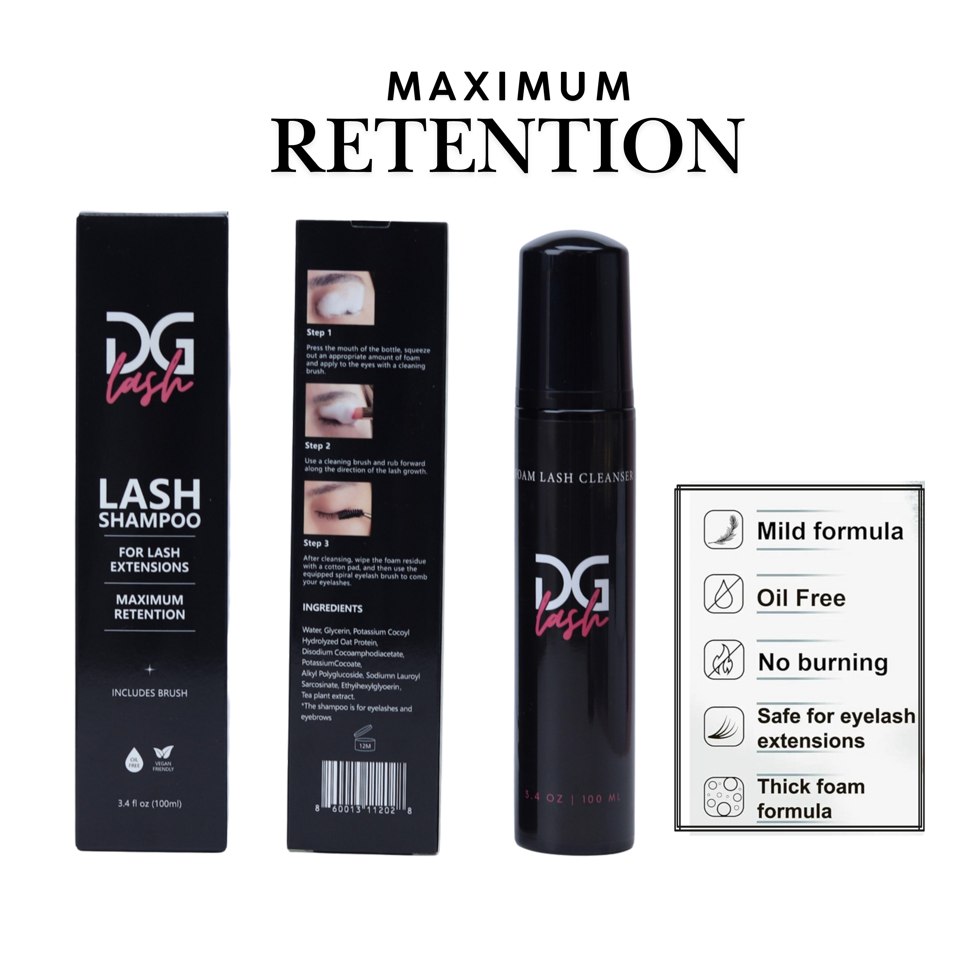 DG Lash Shampoo Limpiador de Pestañas y Extensiones Oil-Free con Brocha – 50ml