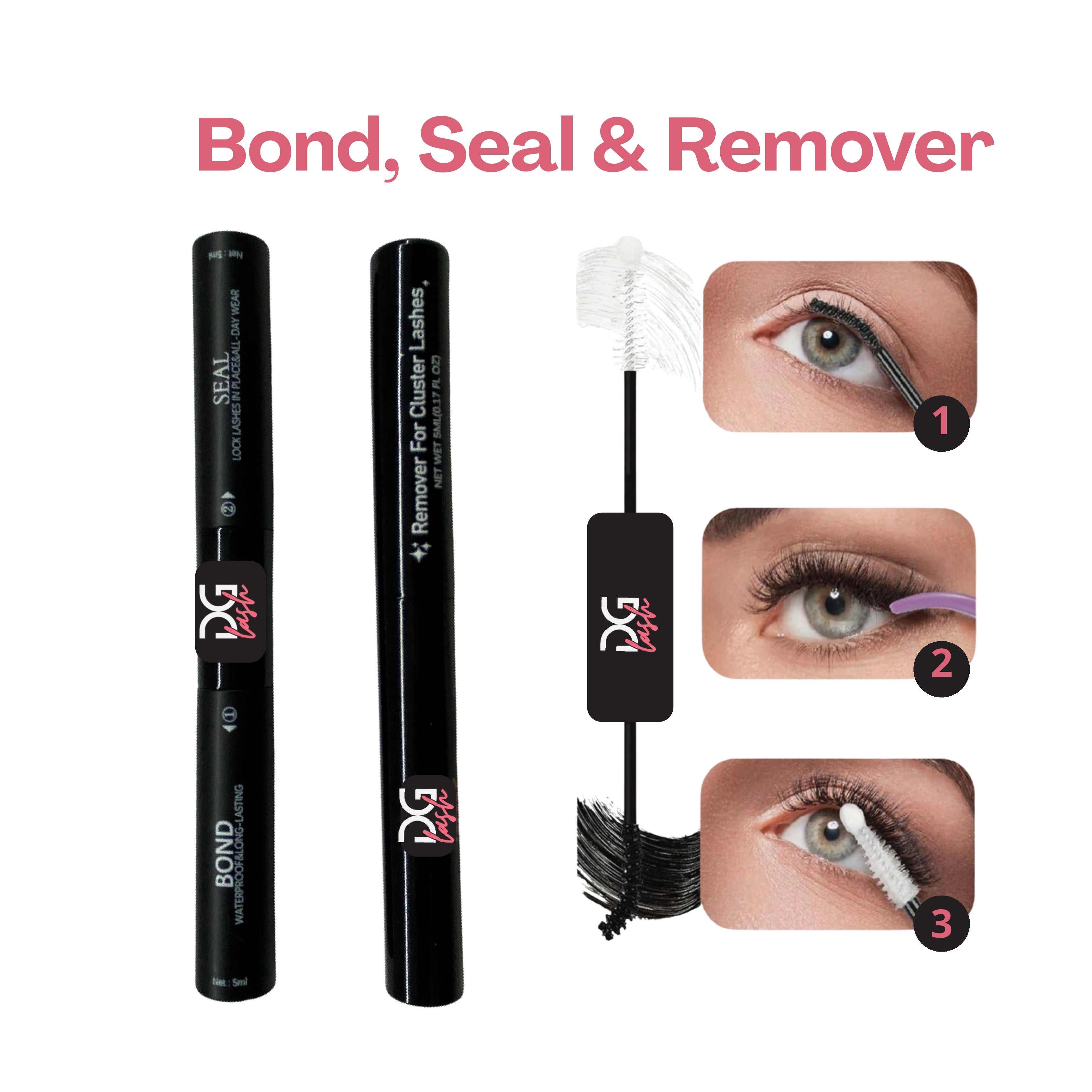 Kit 3 en 1 Adhesivo Bond Seal y Removedor para Pestañas Cluster DG Lash – Sistema Completo DIY